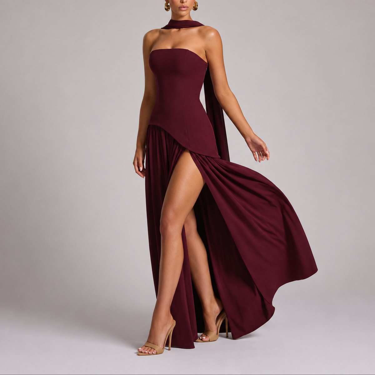 Camila | Women's Strapless Open-Back Scarf-Neck Fall Wedding Guest Maxi Dress