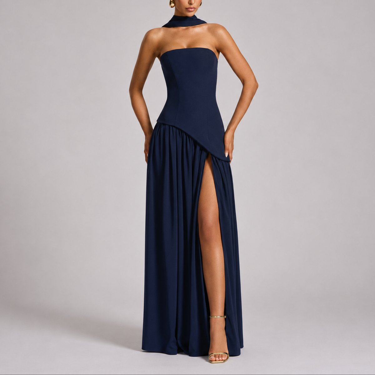 Camila | Women's Strapless Open-Back Scarf-Neck Fall Wedding Guest Maxi Dress