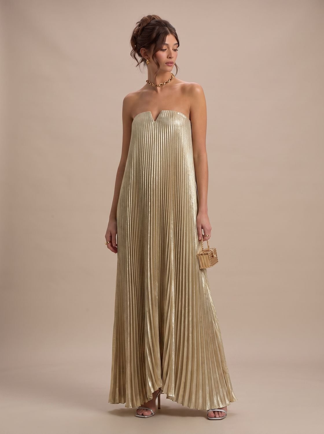 Emma | Women's Strapless Pleated Metallic Sweetheart Maxi Dress