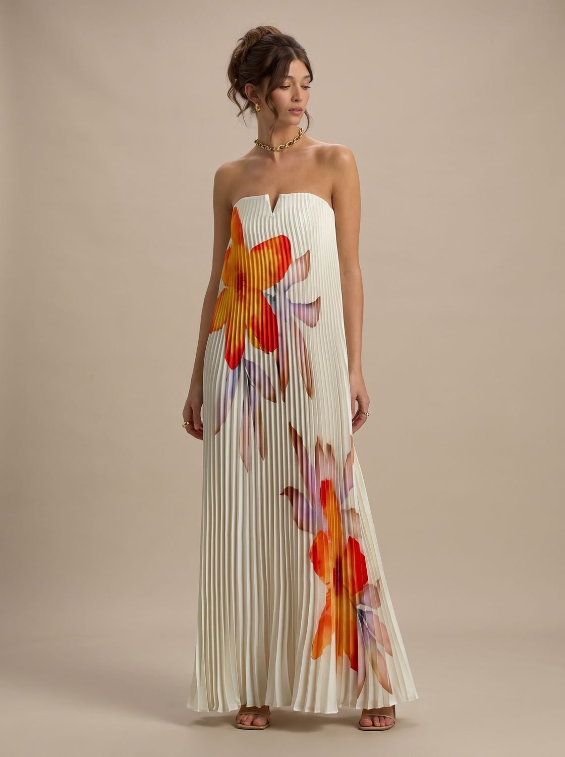 Emma | Women's Strapless Pleated Metallic Sweetheart Maxi Dress