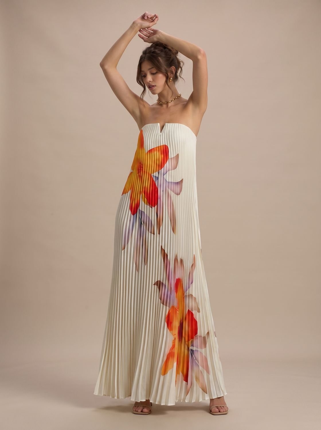 Emma | Women's Strapless Pleated Metallic Sweetheart Maxi Dress