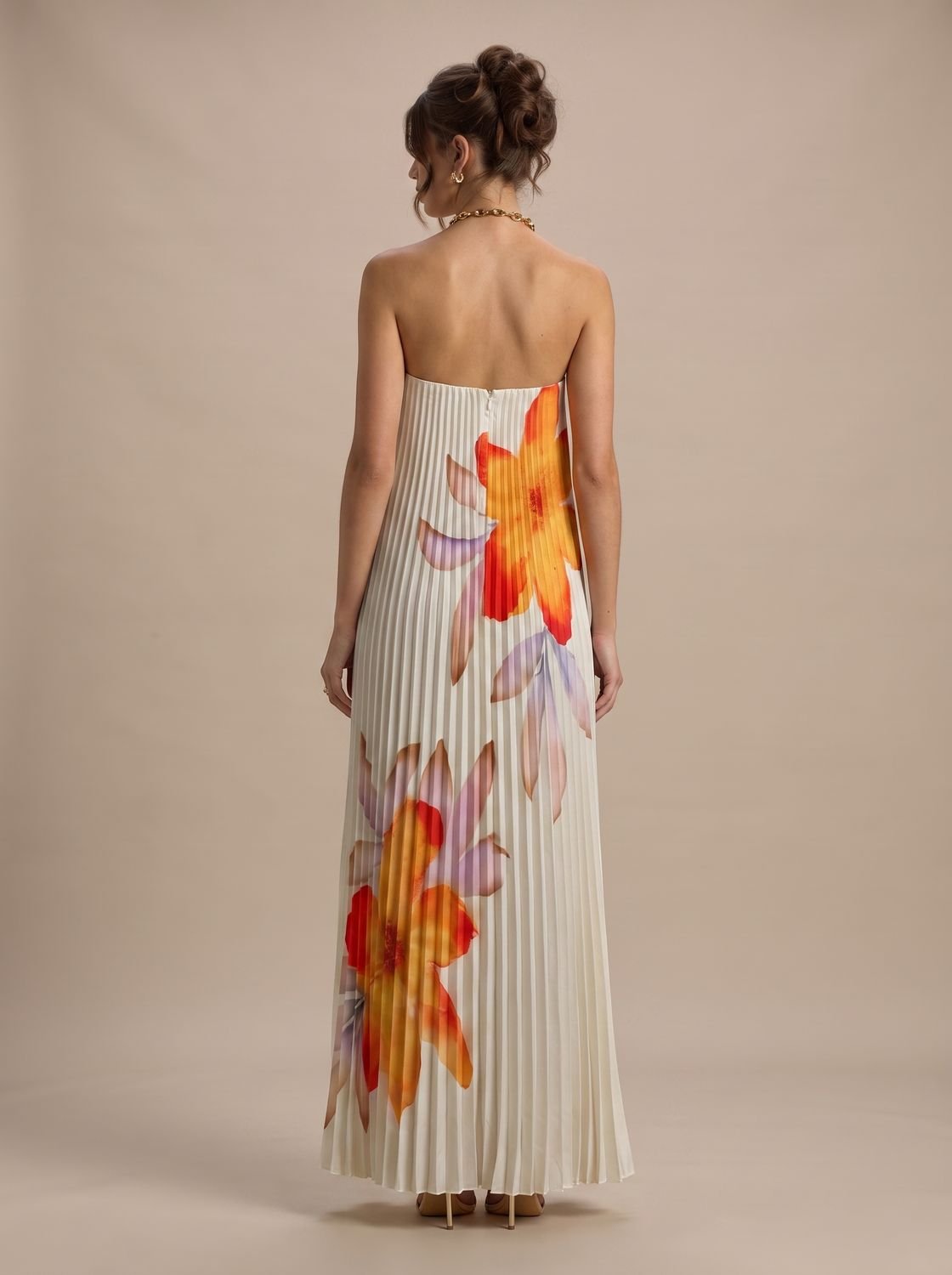 Emma | Women's Strapless Pleated Metallic Sweetheart Maxi Dress