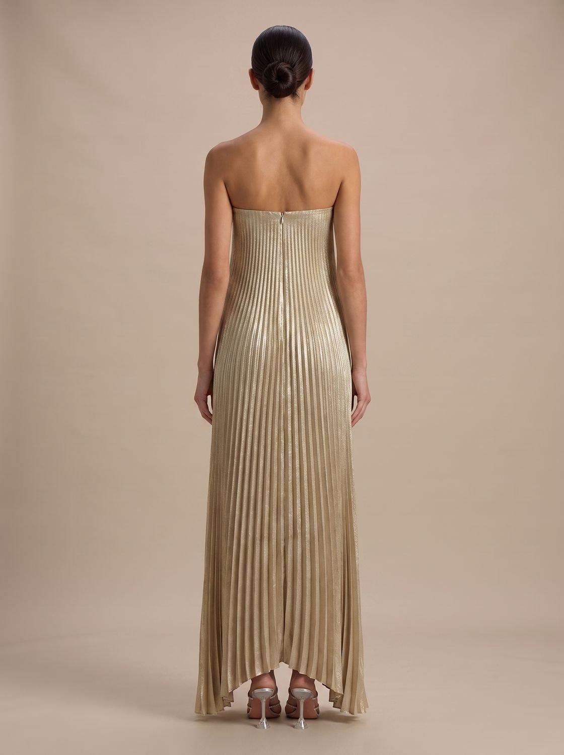 Emma | Women's Strapless Pleated Metallic Sweetheart Maxi Dress