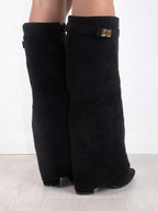 Amelia | Women's Suede Fold-Over Knee-High Boots Gold Clasp