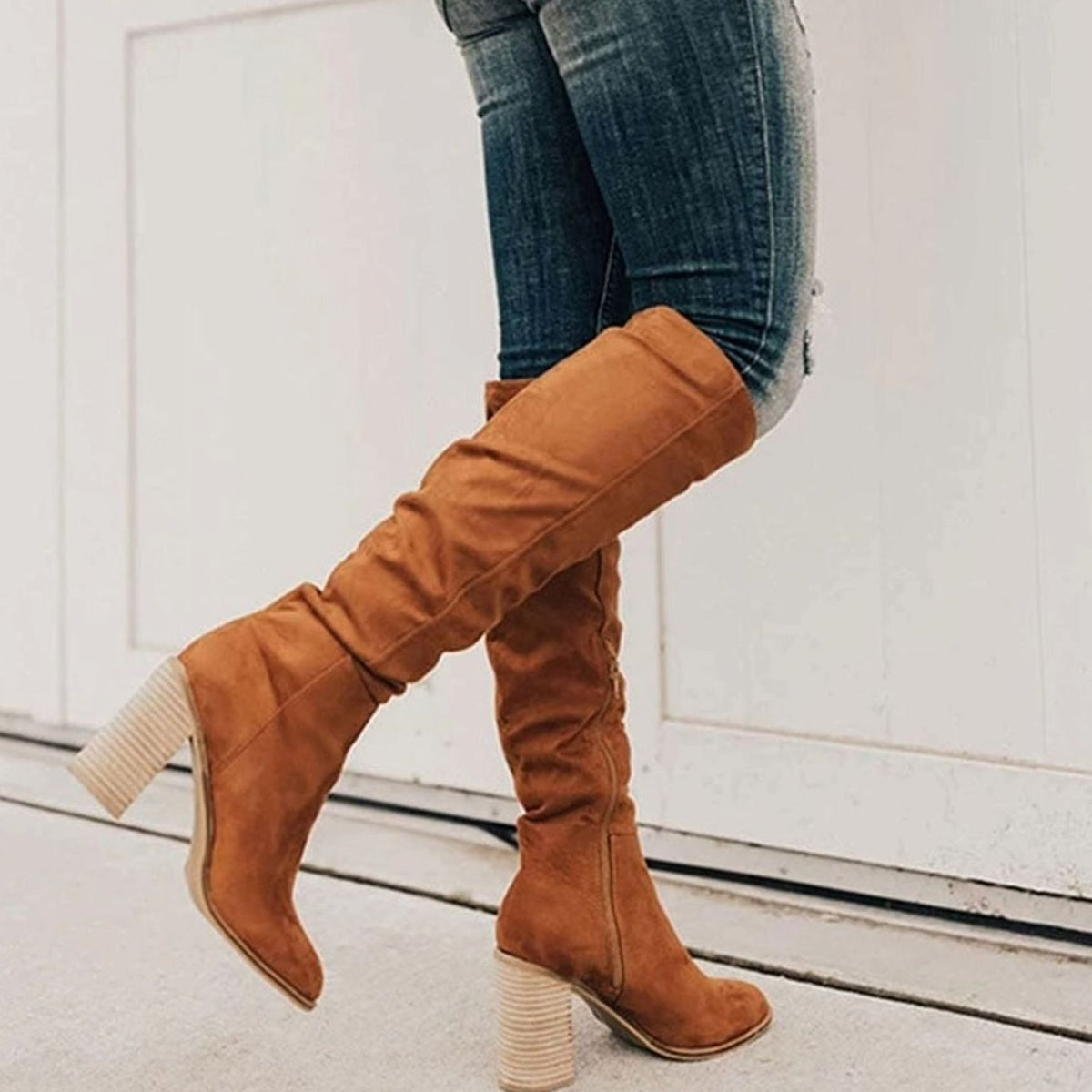 Luna | Women's Suede Knee-High Boots Block Heel Slouchy