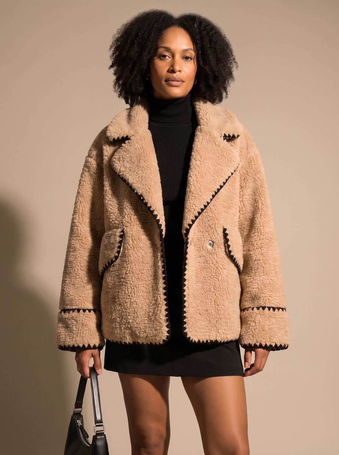 Madison | Women's Teddy Fleece Faux Fur Coat Lapel Trim Detail