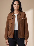 Layla | Women's Textured Zip-Up Long-Sleeve Bomber Jacket Chest Pockets