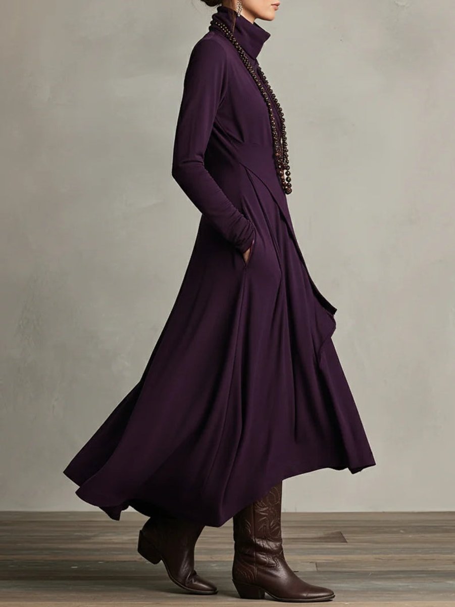 Scarlett | Women's Turtleneck Asymmetric Hem Draped Long Sleeve Dress