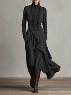 Scarlett | Women's Turtleneck Asymmetric Hem Draped Long Sleeve Dress