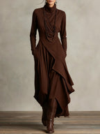 Scarlett | Women's Turtleneck Asymmetric Hem Draped Long Sleeve Dress