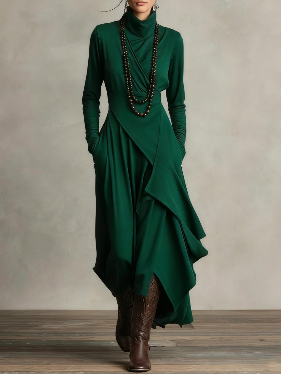 Scarlett | Women's Turtleneck Asymmetric Hem Draped Long Sleeve Dress