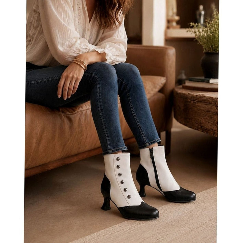 Aria | Women's Two-Tone Vintage Buttoned Spool-Heel Ankle Boots
