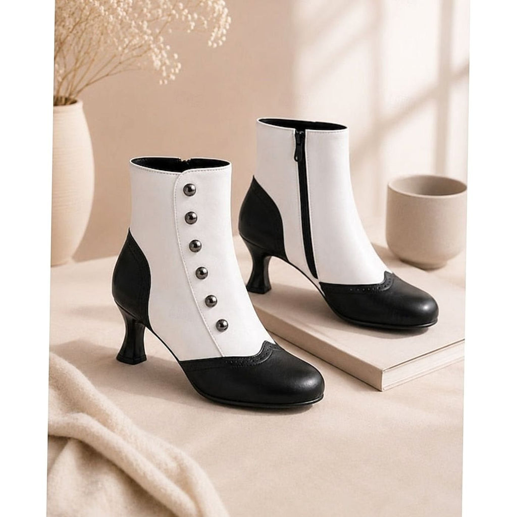 Aria | Women's Two-Tone Vintage Buttoned Spool-Heel Ankle Boots