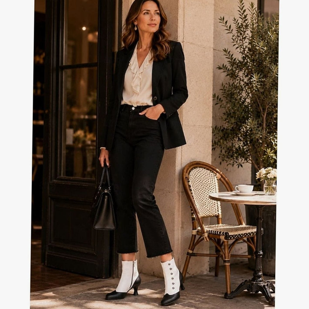 Aria | Women's Two-Tone Vintage Buttoned Spool-Heel Ankle Boots