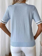 Grace | Women's V-Neck Contrast-Trim Tie-Front Short-Sleeve Sweater