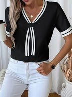 Grace | Women's V-Neck Contrast-Trim Tie-Front Short-Sleeve Sweater