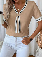 Grace | Women's V-Neck Contrast-Trim Tie-Front Short-Sleeve Sweater