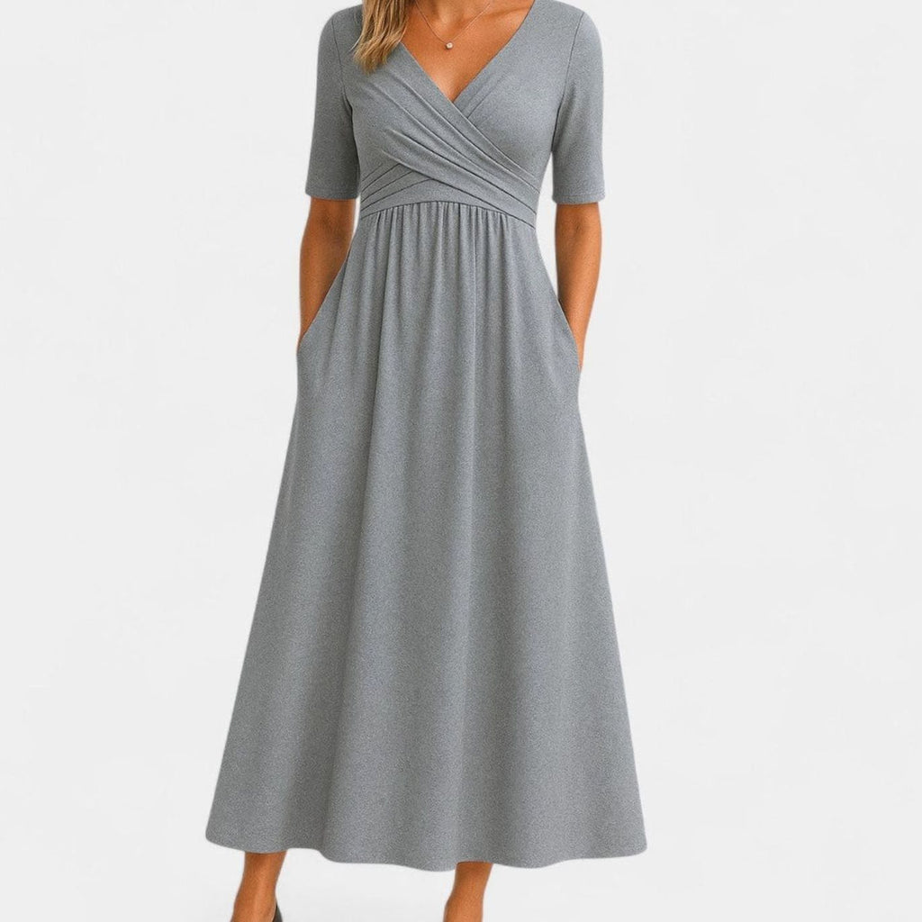 Penelope | Women's V-Neck Crossover Empire-Waist Midi Dress Pockets