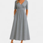 Penelope | Women's V-Neck Crossover Empire-Waist Midi Dress Pockets