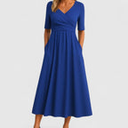 Penelope | Women's V-Neck Crossover Empire-Waist Midi Dress Pockets