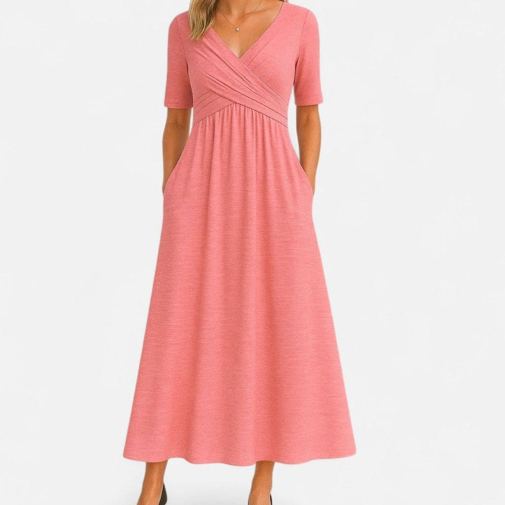 Penelope | Women's V-Neck Crossover Empire-Waist Midi Dress Pockets