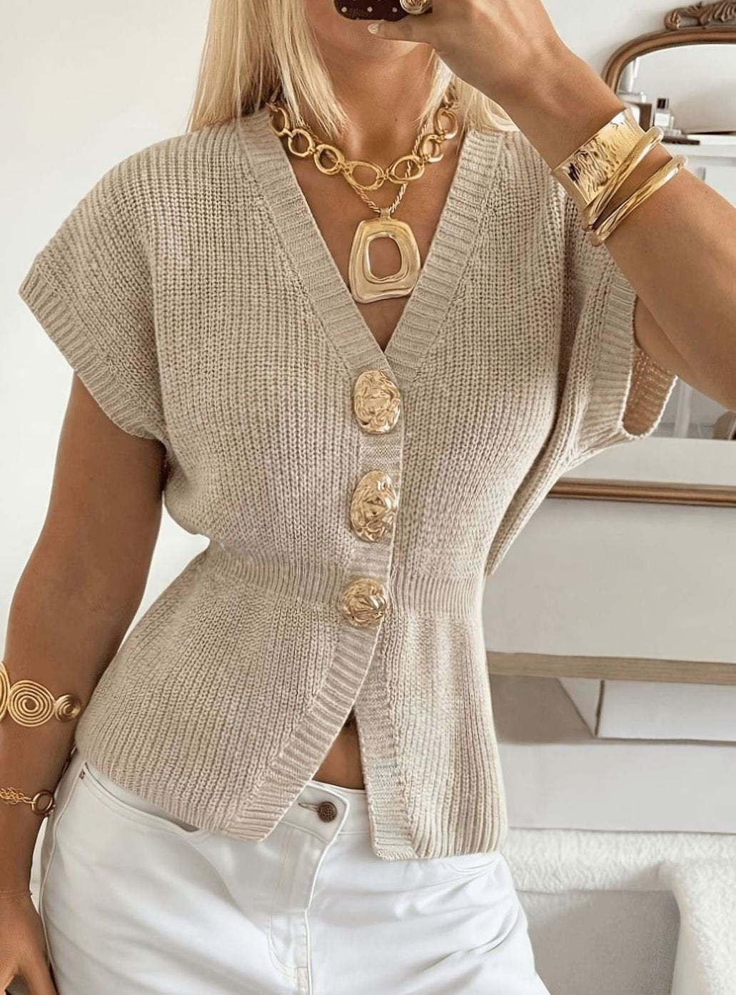 Victoria | Women's V-Neck Gold-Button Knit Cardigan