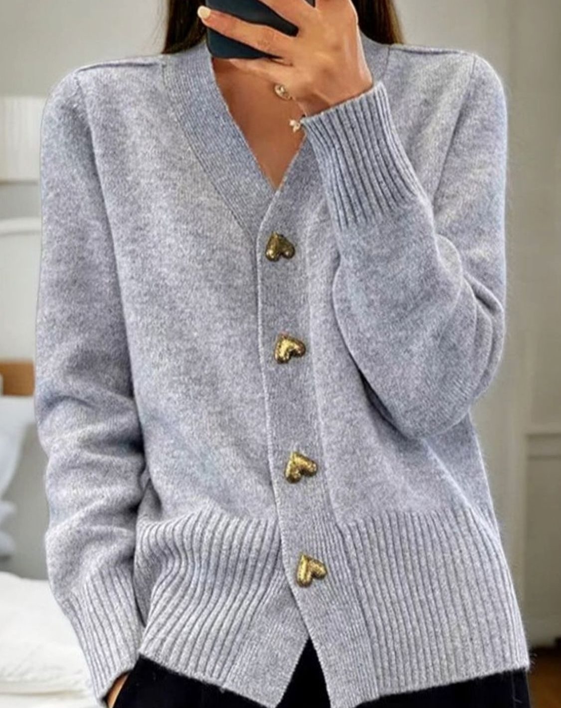 Evelyn | Women's V-Neck Heart-Button Knit Cardigan Sweater