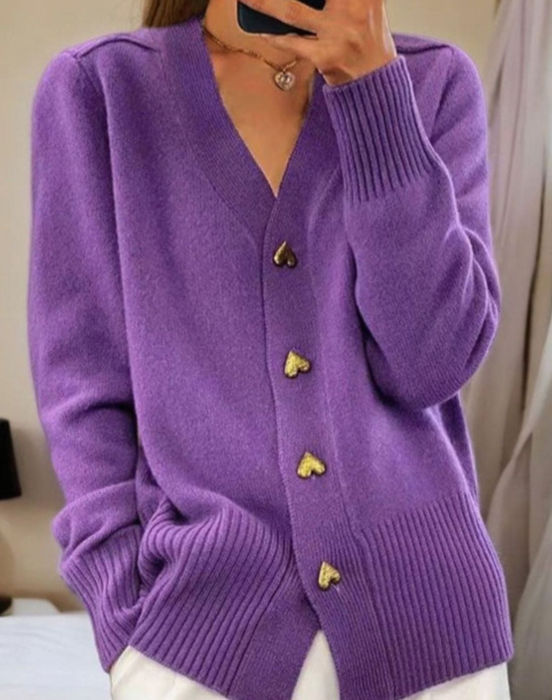 Evelyn | Women's V-Neck Heart-Button Knit Cardigan Sweater