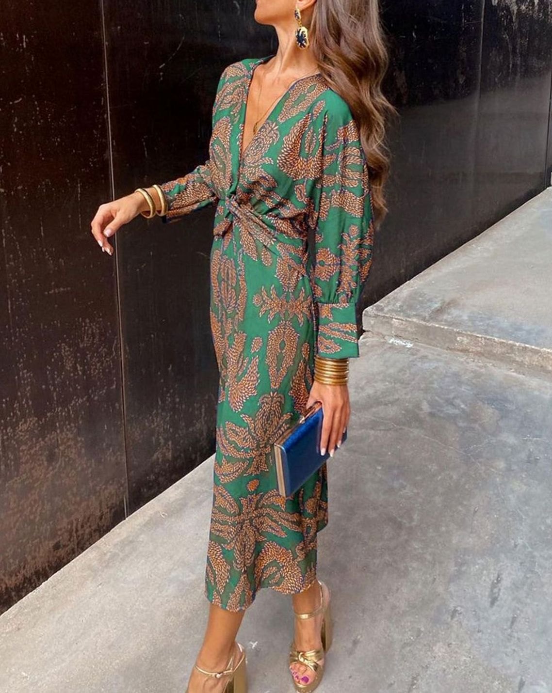 Mia | Women's V-Neck Long-Sleeve Twist-Front Printed Maxi Dress