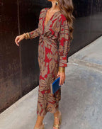 Mia | Women's V-Neck Long-Sleeve Twist-Front Printed Maxi Dress