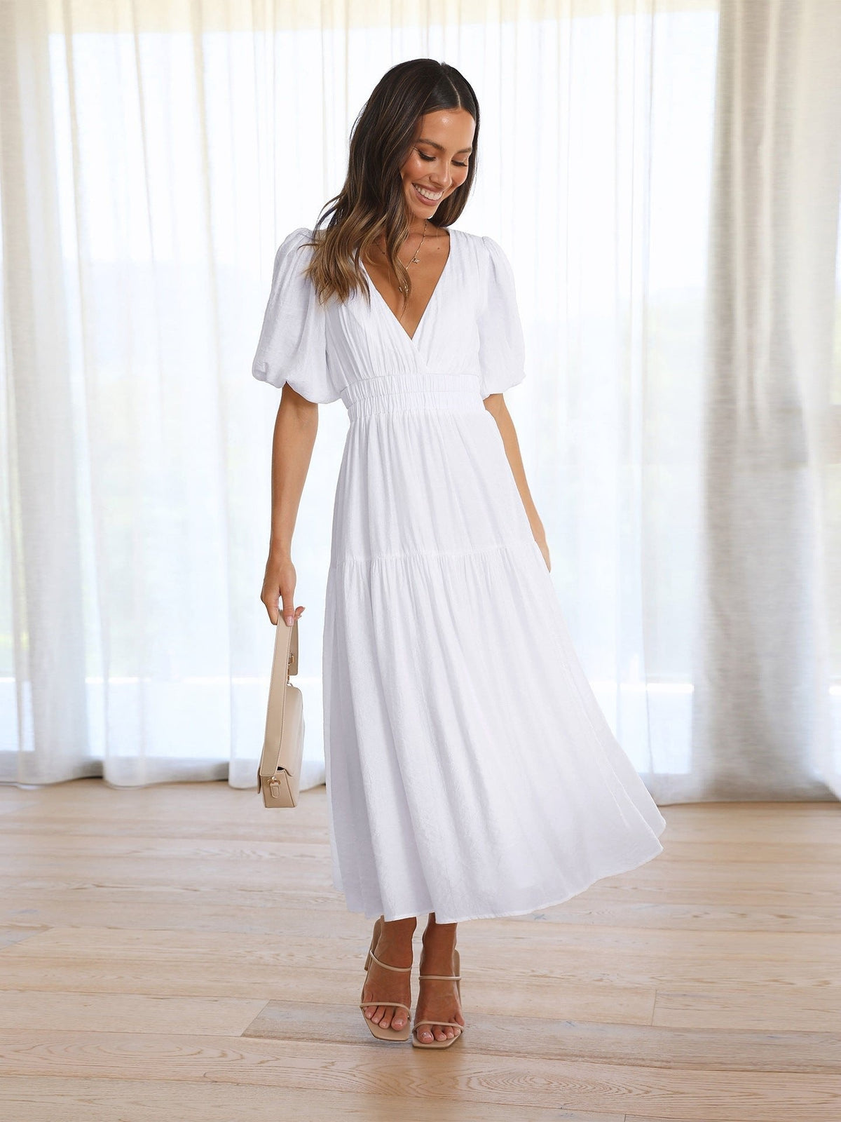 Eleanor | Women's V-Neck Puff Sleeve Midi Dress Smocked Waist