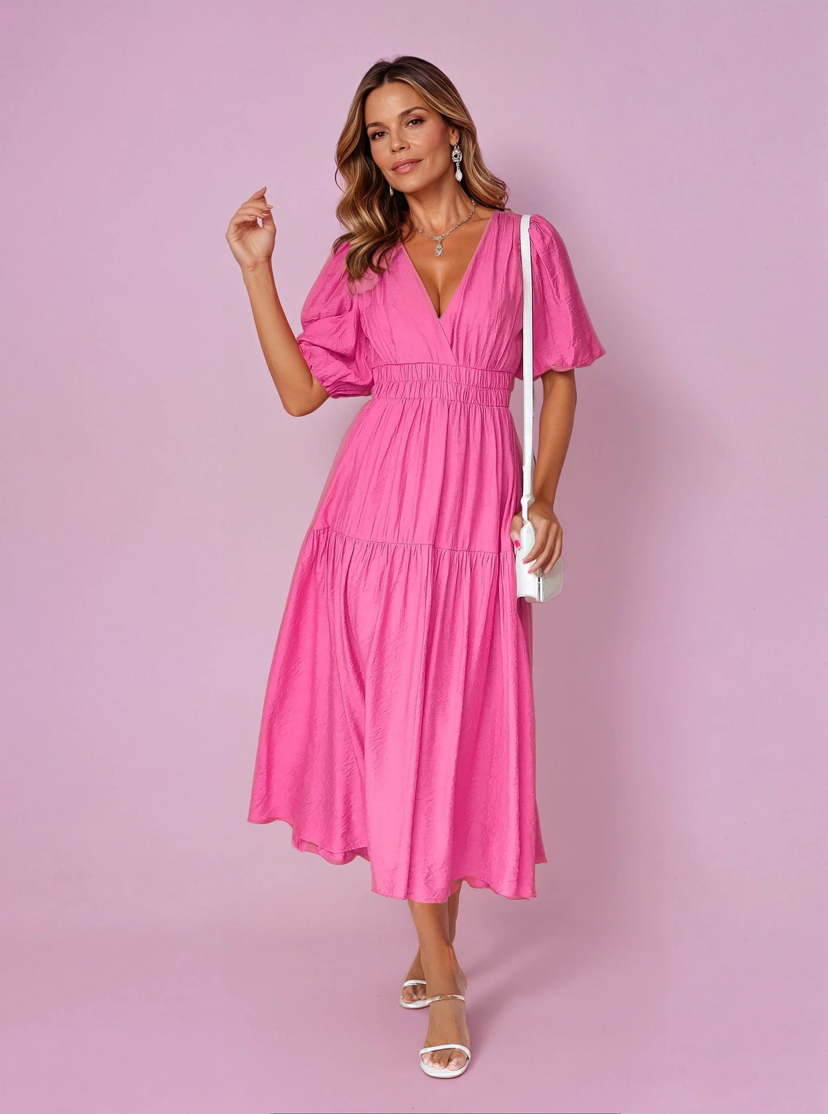 Eleanor | Women's V-Neck Puff Sleeve Midi Dress Smocked Waist