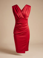 Victoria | Women's V-Neck Ruched Bodycon Midi Dress Side Slit