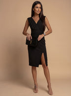 Victoria | Women's V-Neck Ruched Bodycon Midi Dress Side Slit