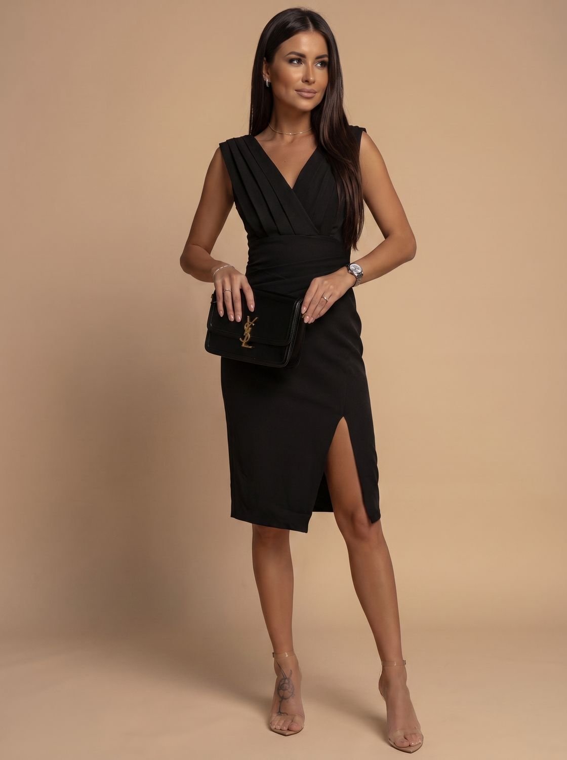 Victoria | Women's V-Neck Ruched Bodycon Midi Dress Side Slit