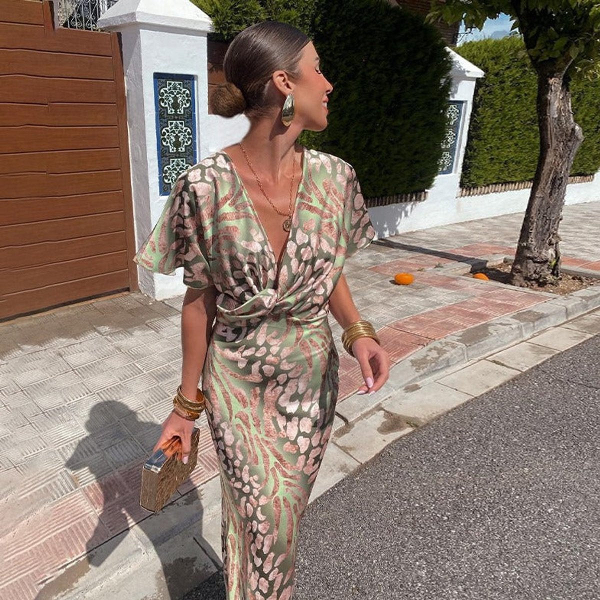 Penelope | Women's V-Neck Twisted Midi Cocktail Party Dress Animal Print