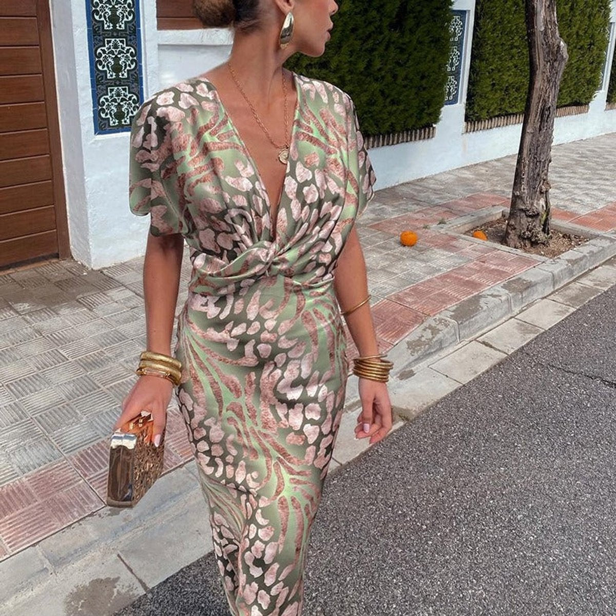 Penelope | Women's V-Neck Twisted Midi Cocktail Party Dress Animal Print