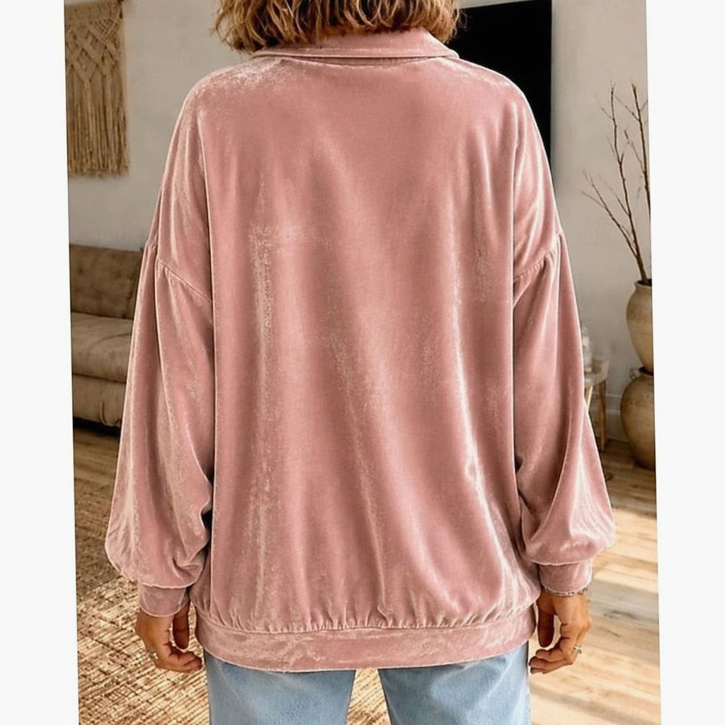 Layla | Women's Velvet Collared Button-Placket Relaxed Pullover Sweater