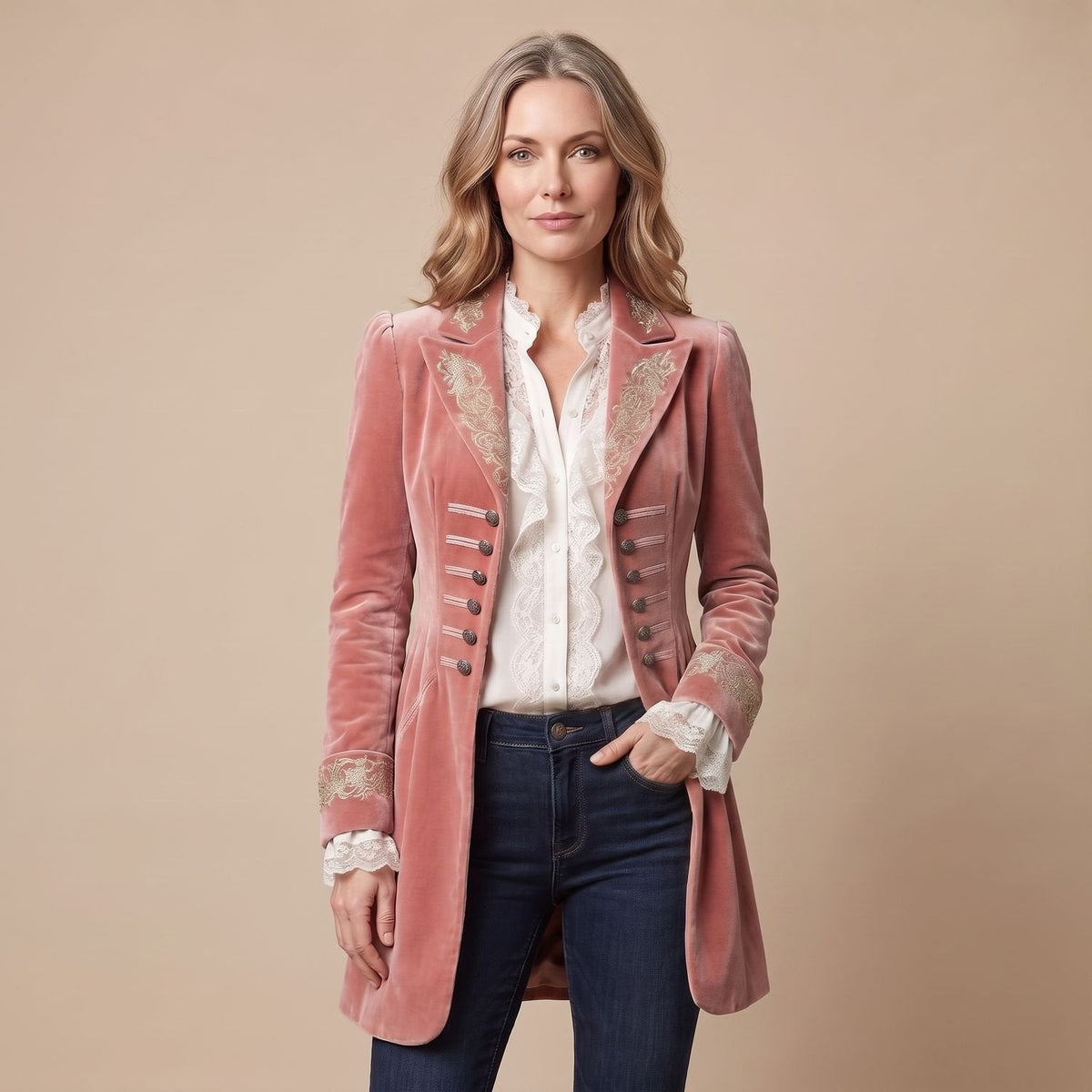Penelope | Women's Velvet Embroidered Long Coat Vintage Tailored Jacket