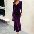 Eleanor | Women's Velvet Long-Sleeve V-Neck Formal Dresses Ruched Midi