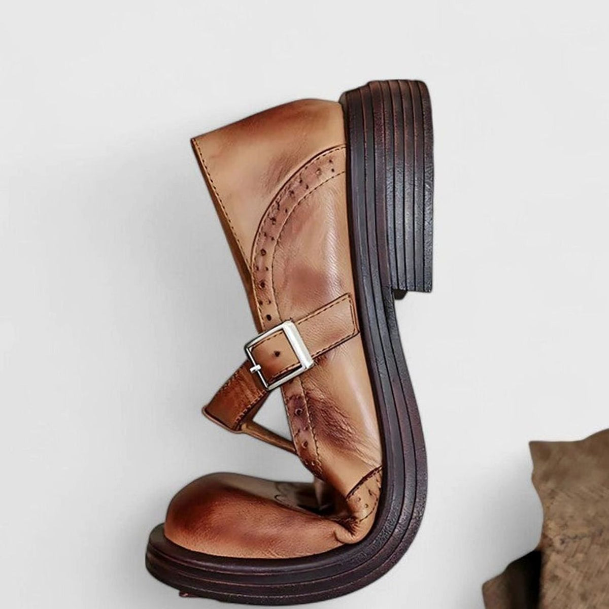 Emma | Women's Vintage Brogue Leather T-Strap Shoes Buckle Flats