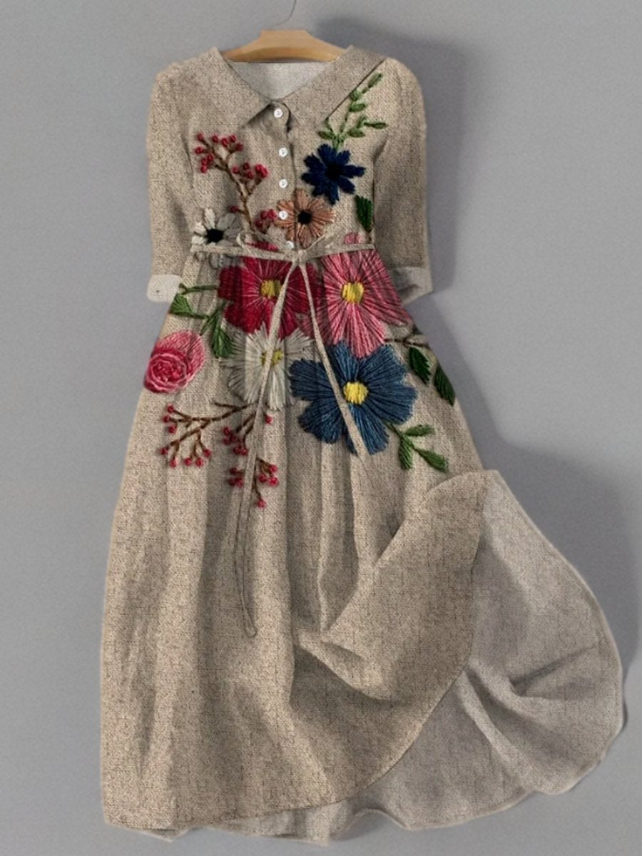 Victoria | Women's Vintage Floral Embroidered Long Sleeve Dress Belted Midi