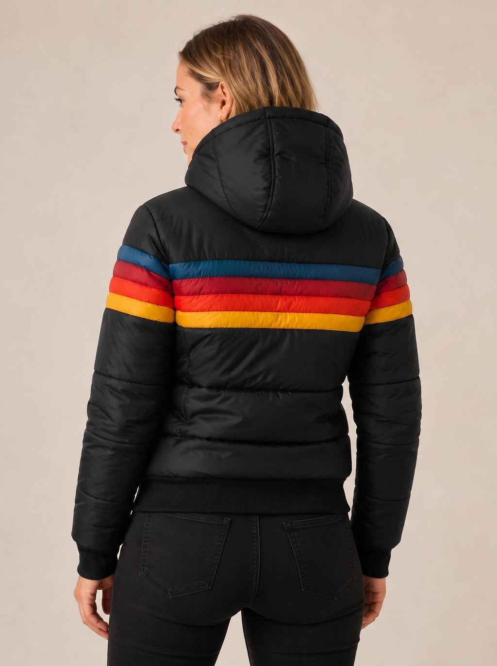 Sophia | Women's Waterproof Hooded Puffer Jacket Retro Stripe Color-Block