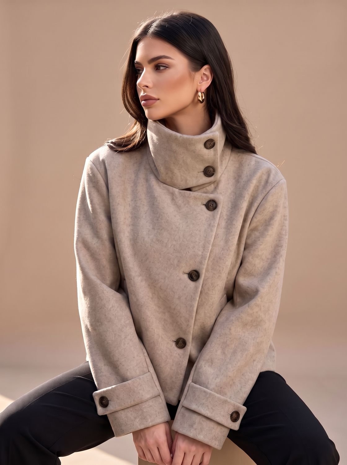 Mia | Women's Wool Blend Cropped Stand-Collar Button-Front Coat