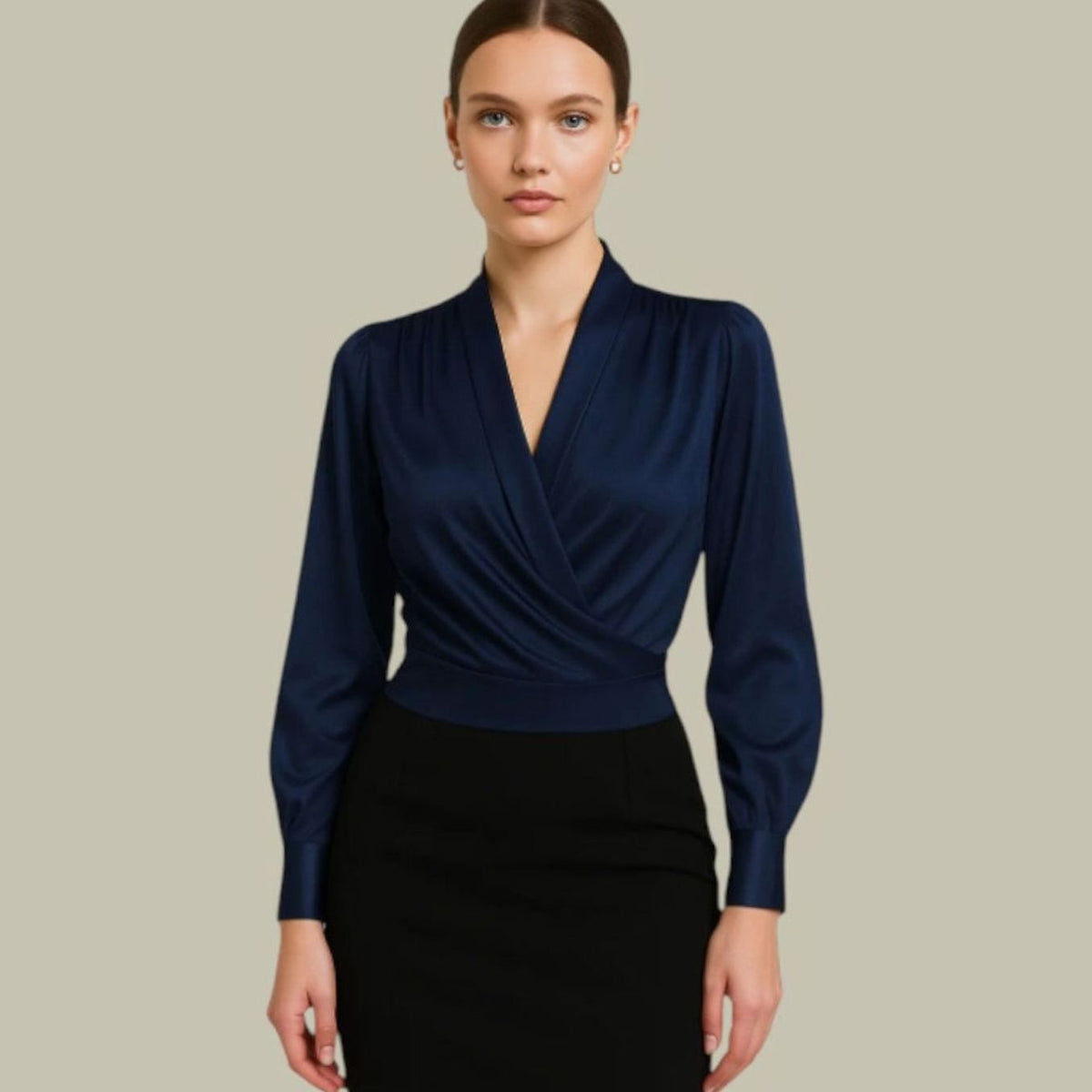 Charlotte | Women's Wrap-Front Long-Sleeve V-Neck Satin Blouses