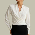 Charlotte | Women's Wrap-Front Long-Sleeve V-Neck Satin Blouses