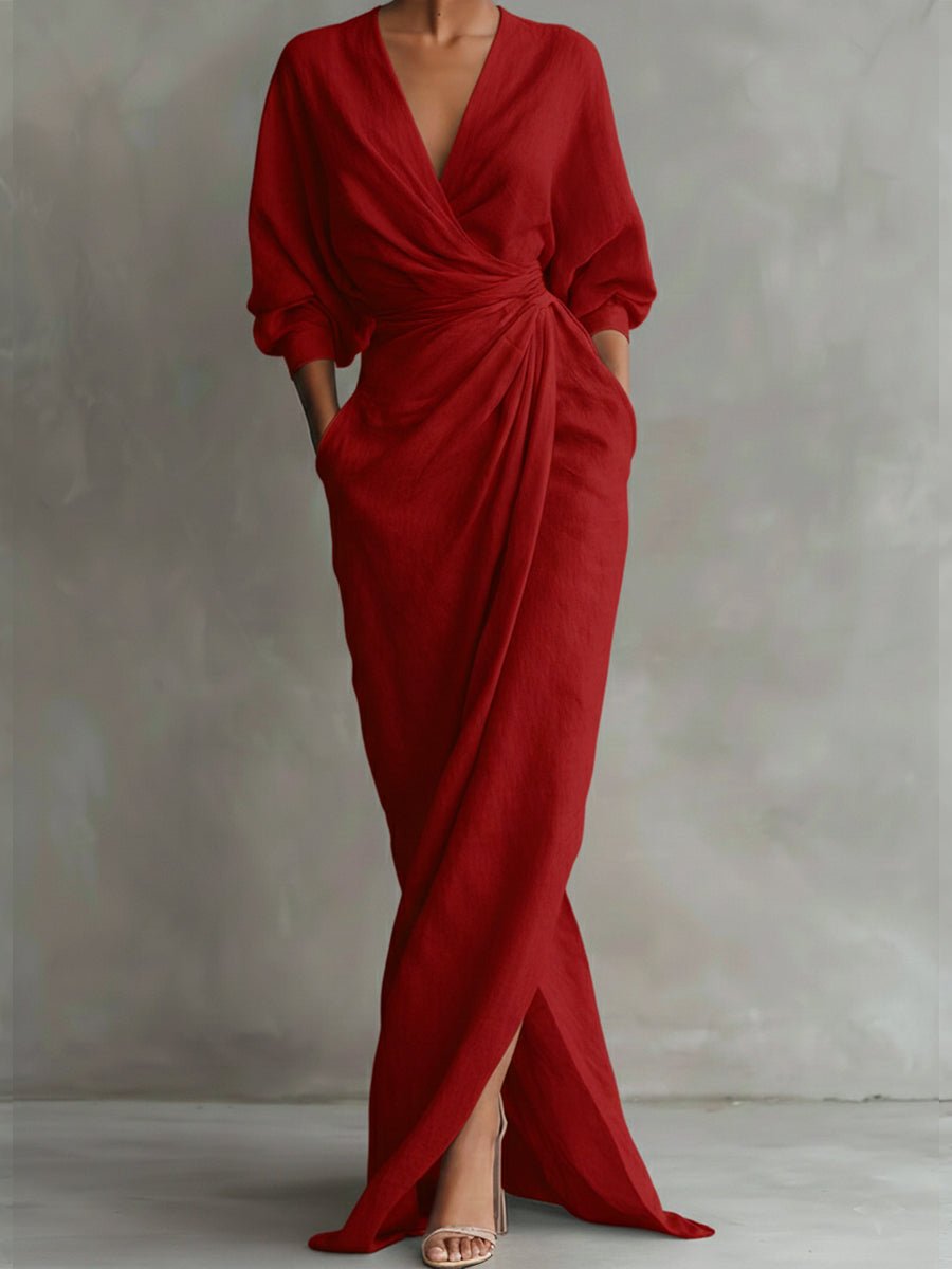 Amelia | Women's Wrap Maxi Long Sleeve Dress V-Neck Draped