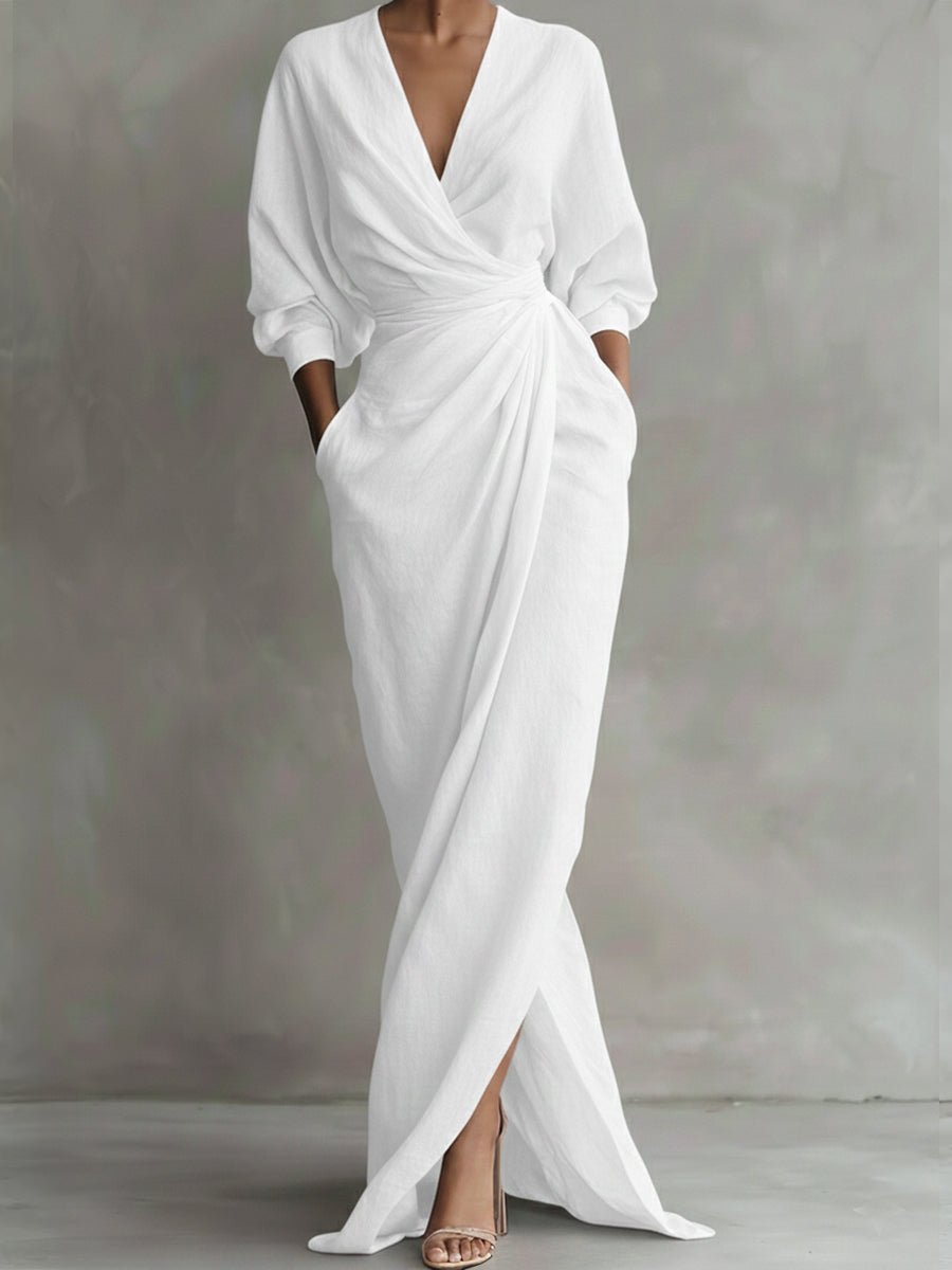 Amelia | Women's Wrap Maxi Long Sleeve Dress V-Neck Draped