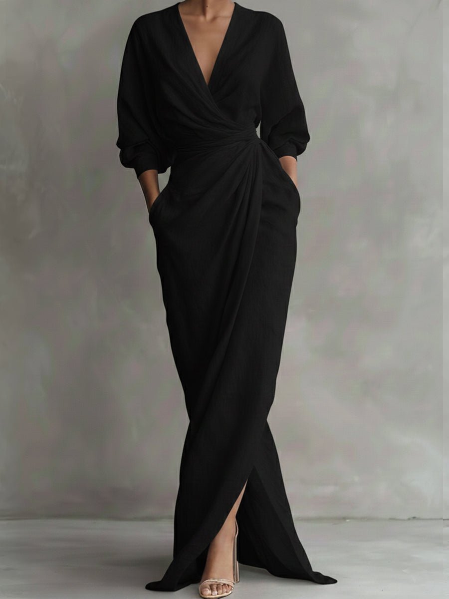 Amelia | Women's Wrap Maxi Long Sleeve Dress V-Neck Draped