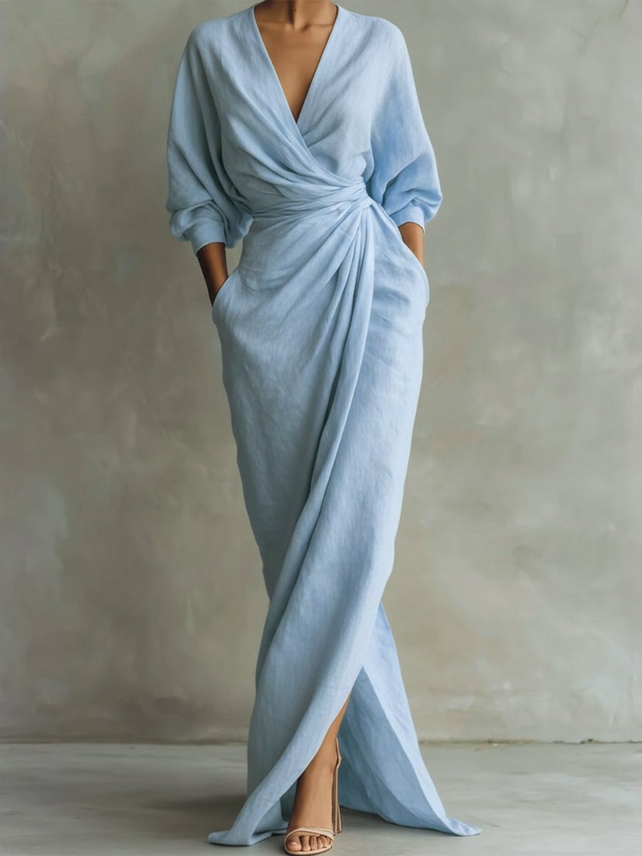 Amelia | Women's Wrap Maxi Long Sleeve Dress V-Neck Draped